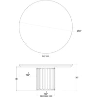 Technical diagram of round dining table with dimensions.