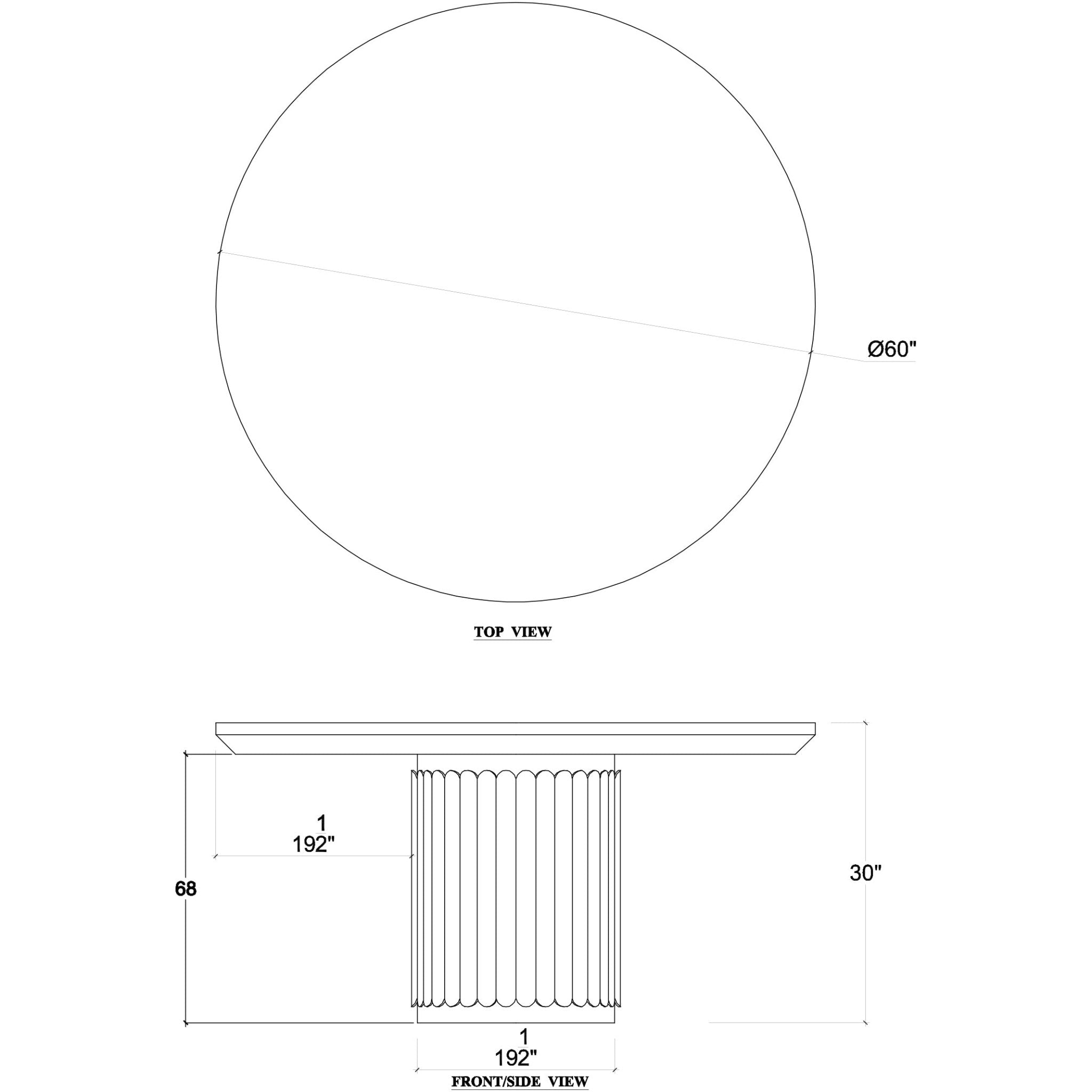 Technical diagram of round dining table with dimensions.
