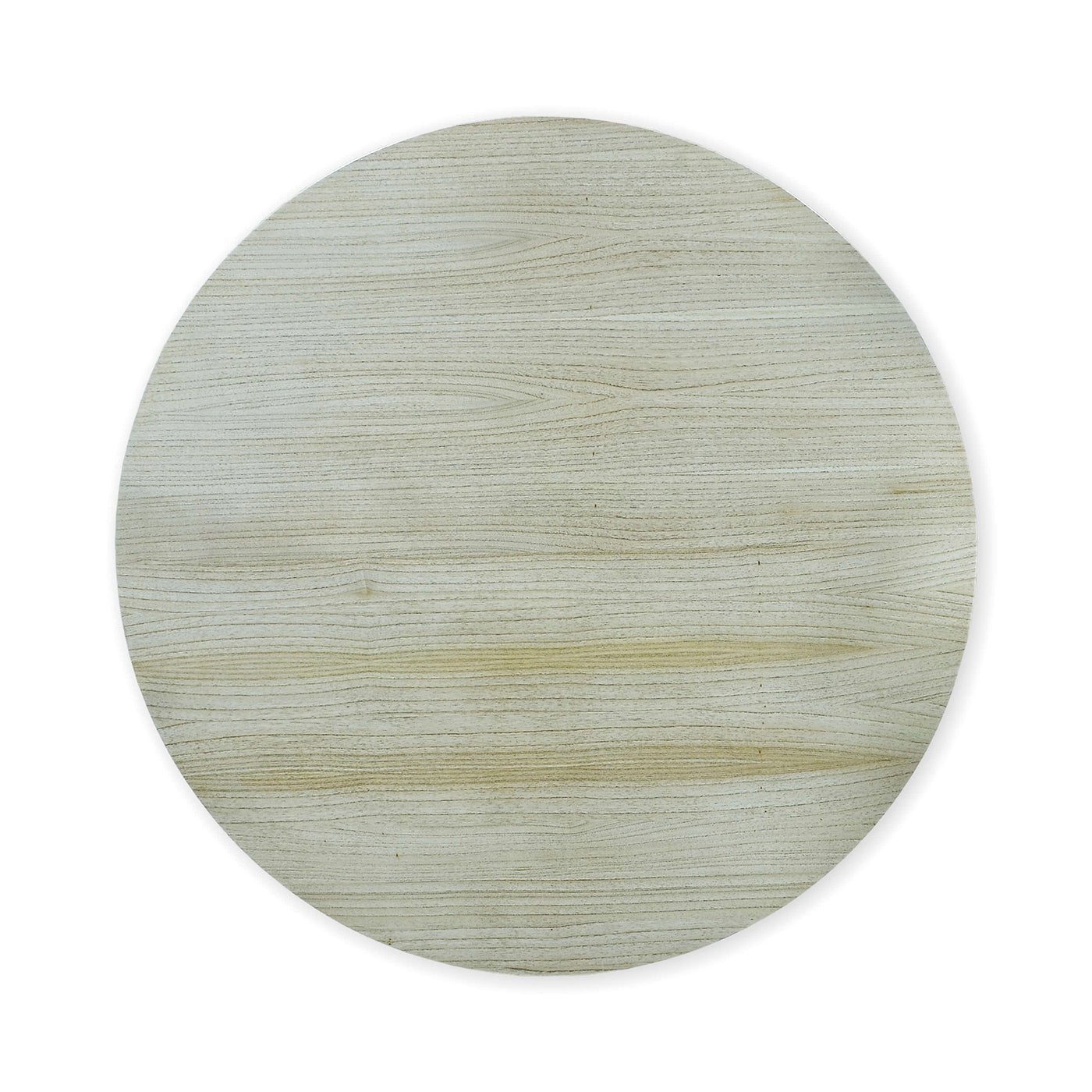 Top view of round fruitwood dining table surface.