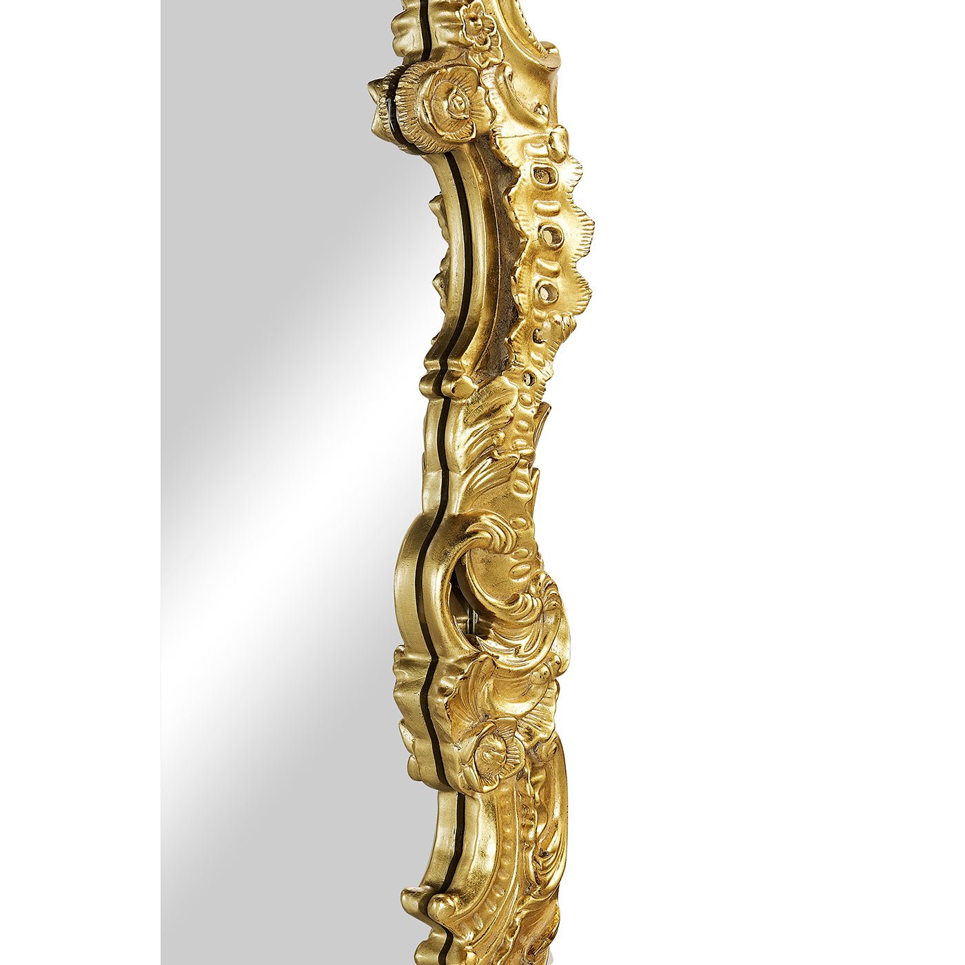 Side view detail of Rococo giltwood mirror frame.