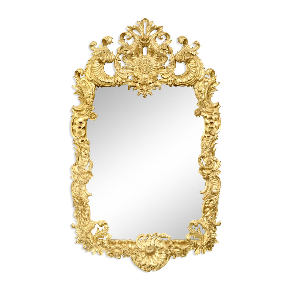 Rococo giltwood mirror with ornate frame design.
