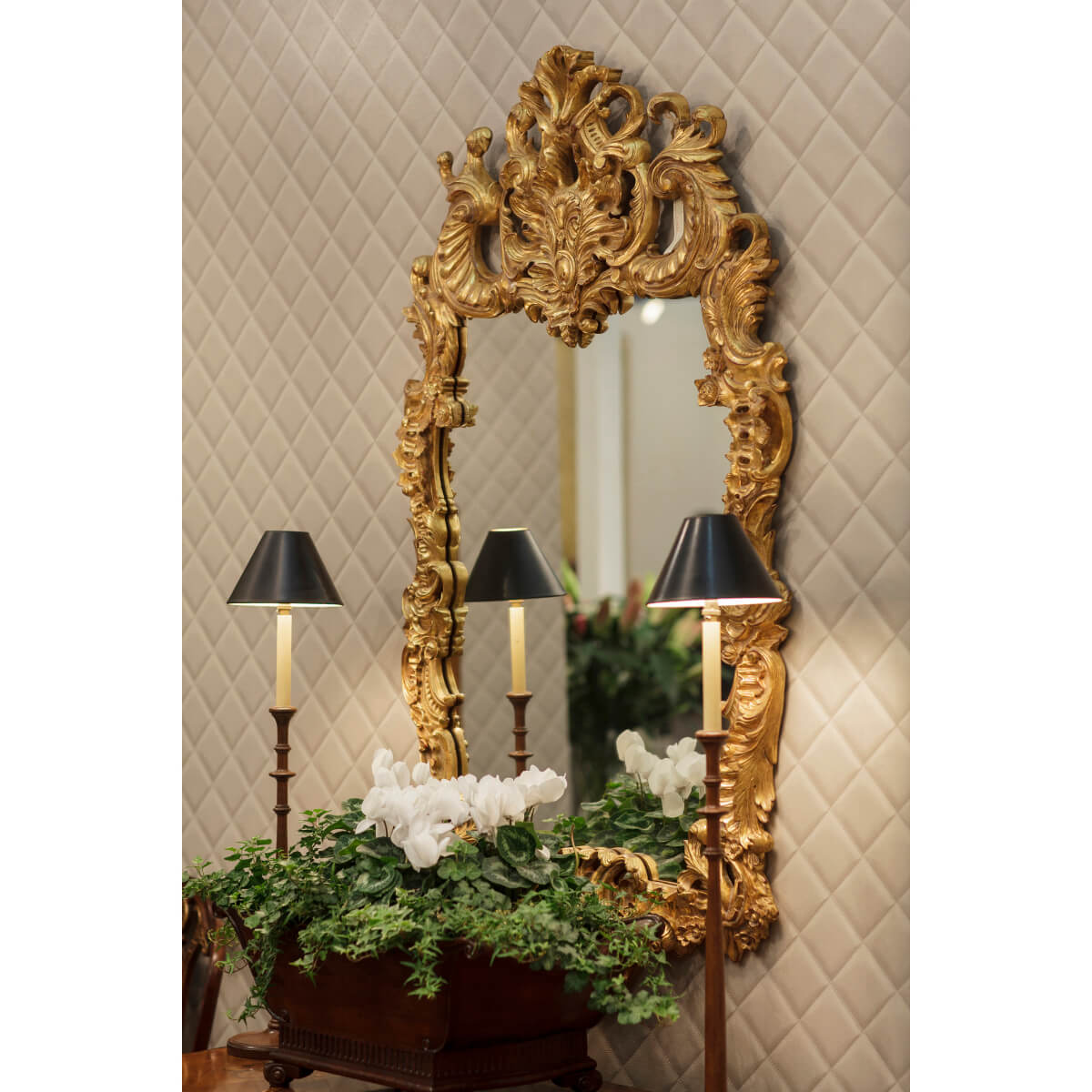 Rococo mirror reflecting lamps and plants in decor.