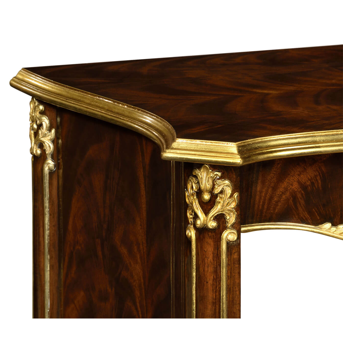 Corner detailing of rococo nightstand with gilt trim.