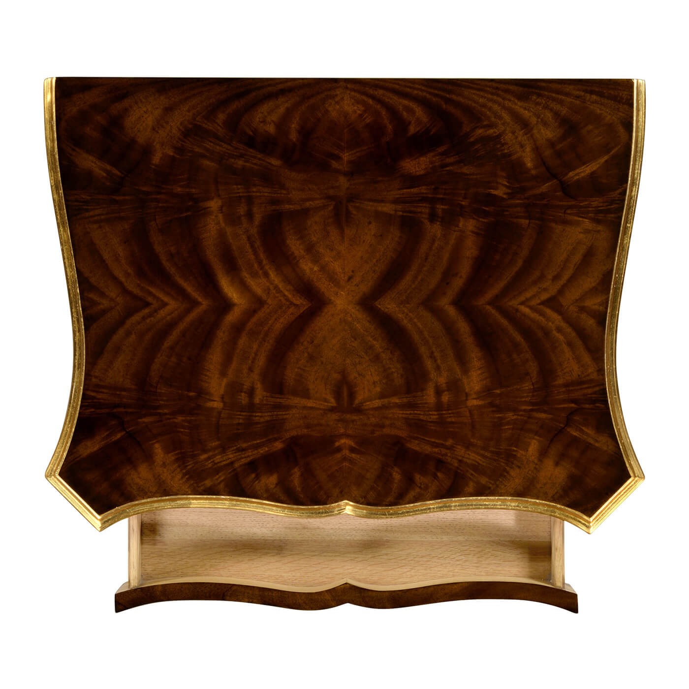 Back of mahogany nightstand, decorative wood pattern.