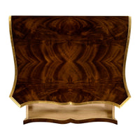 Back of mahogany nightstand, decorative wood pattern.