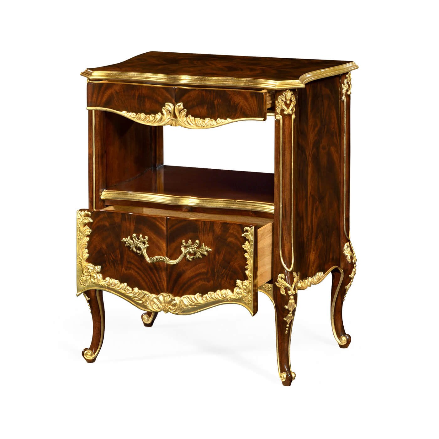 Nightstand with open drawer, gilded detailing.