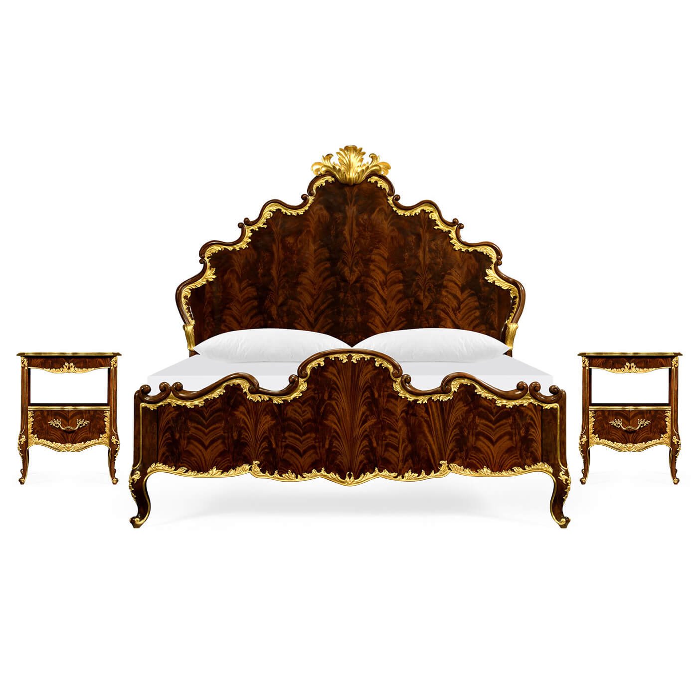 Mahogany bed set with matching rococo nightstands.