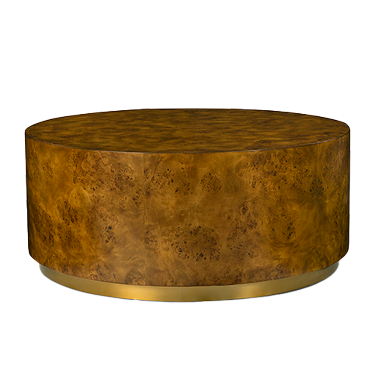 Round drum coffee table in golden burl on a recessed brass plinth