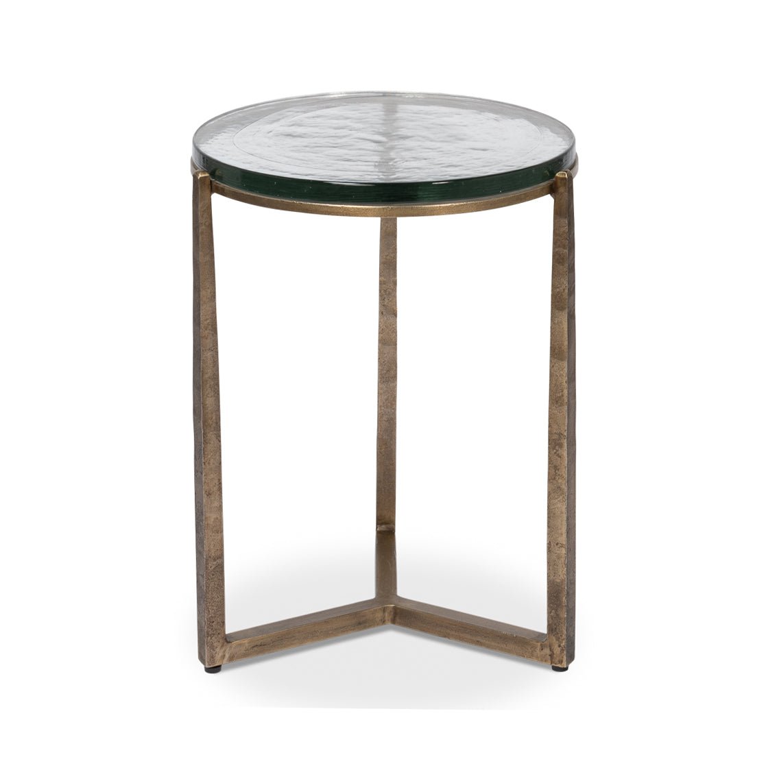 Front view of round accent table with metal legs.