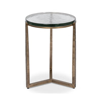 Front view of round accent table with metal legs.