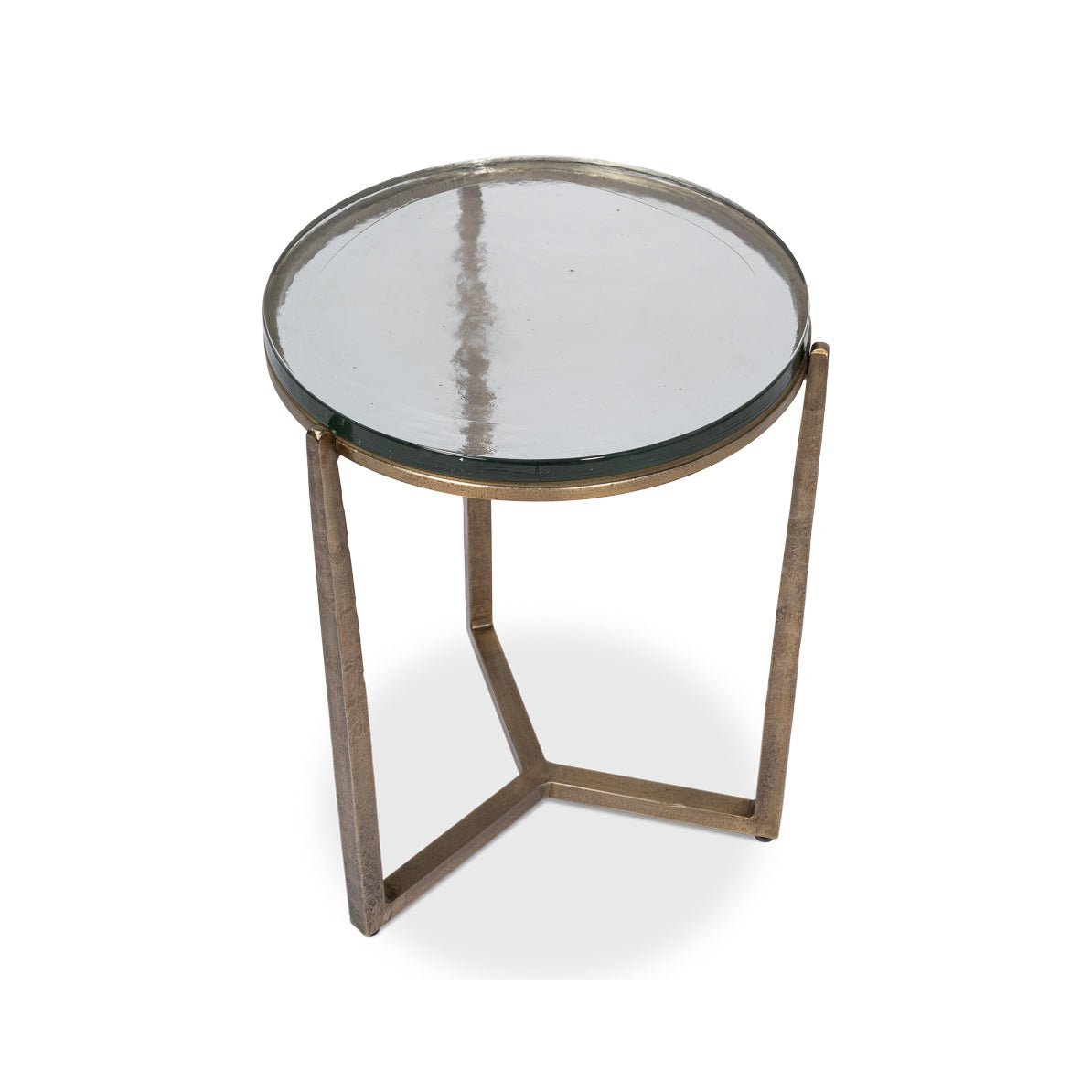 Top angled view of round glass accent table.