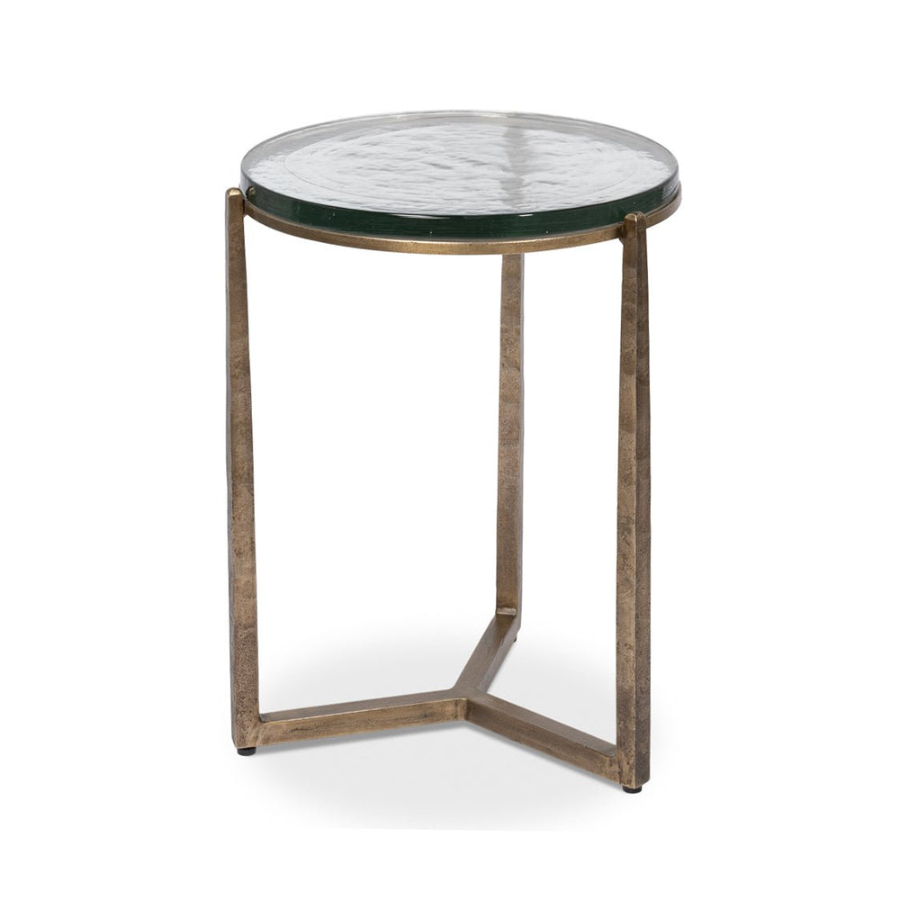 Round accent table with glass top, side view.