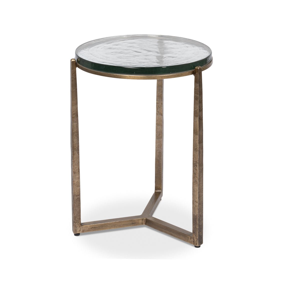 Round accent table with glass top, side view.