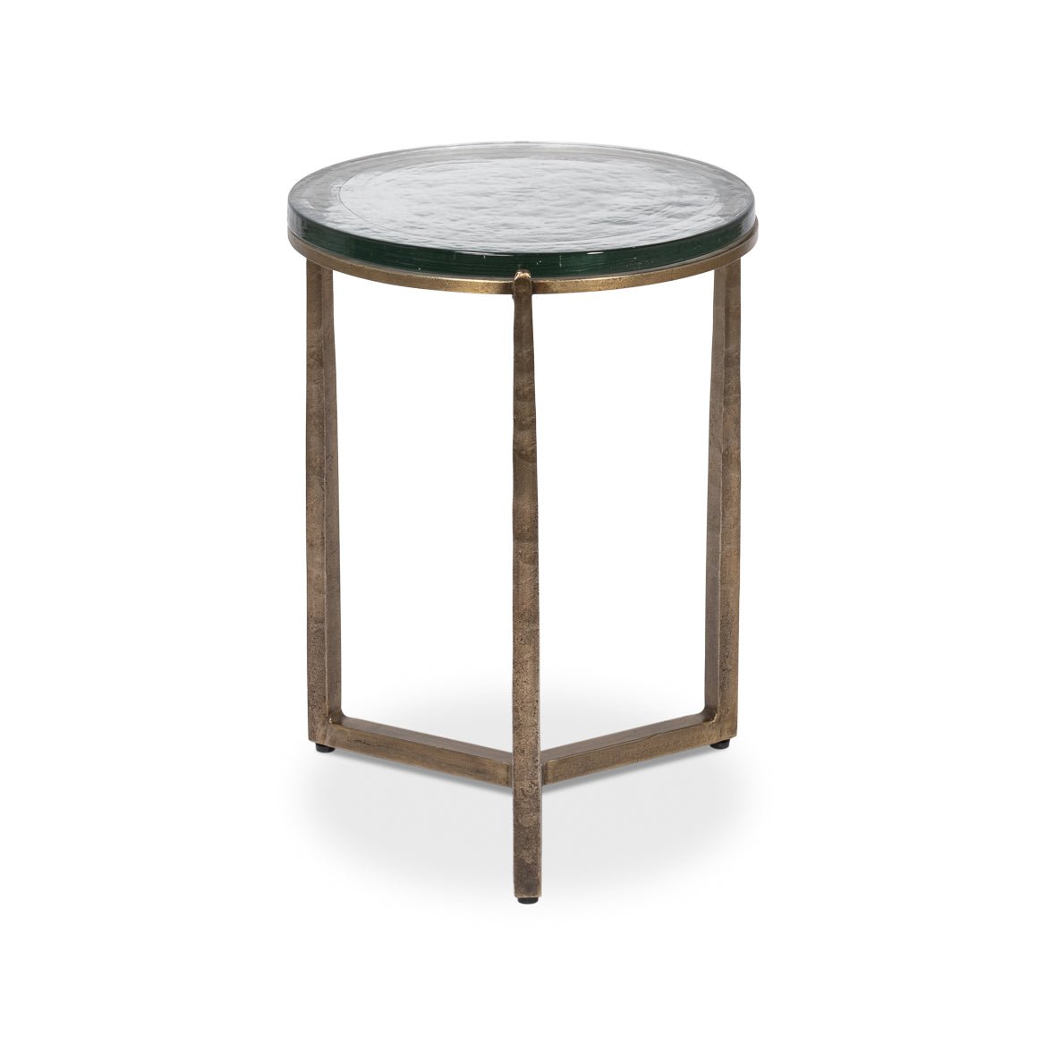 Round accent table showcasing three angled metal legs.