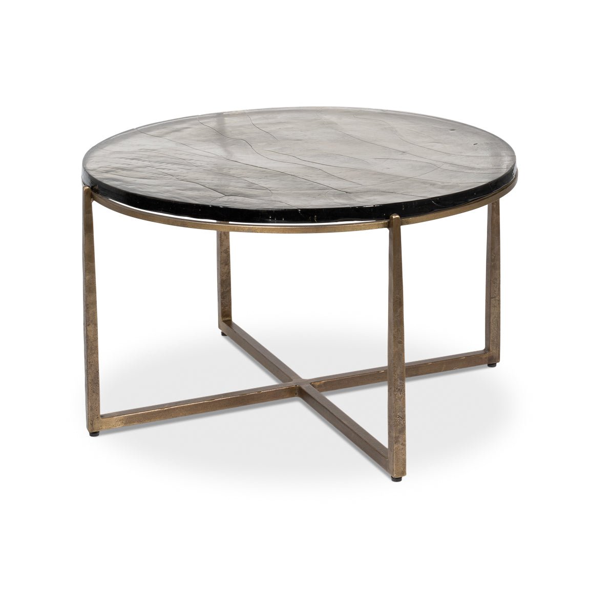 Round contemporary coffee table side view with cross base.