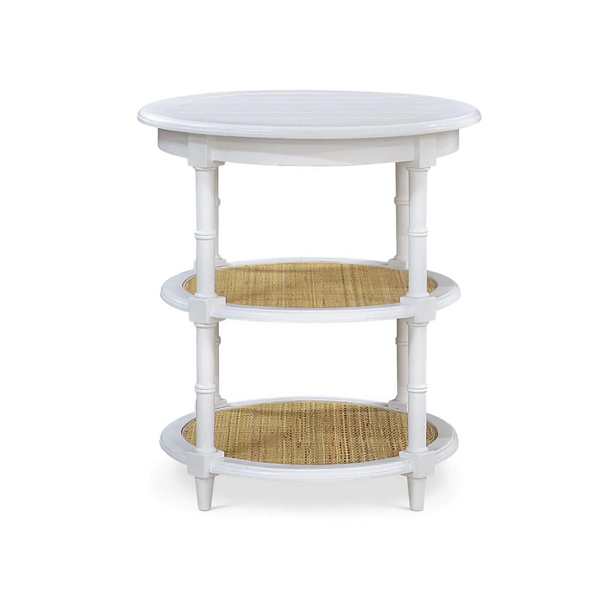 Round white end table with woven shelves, front view.