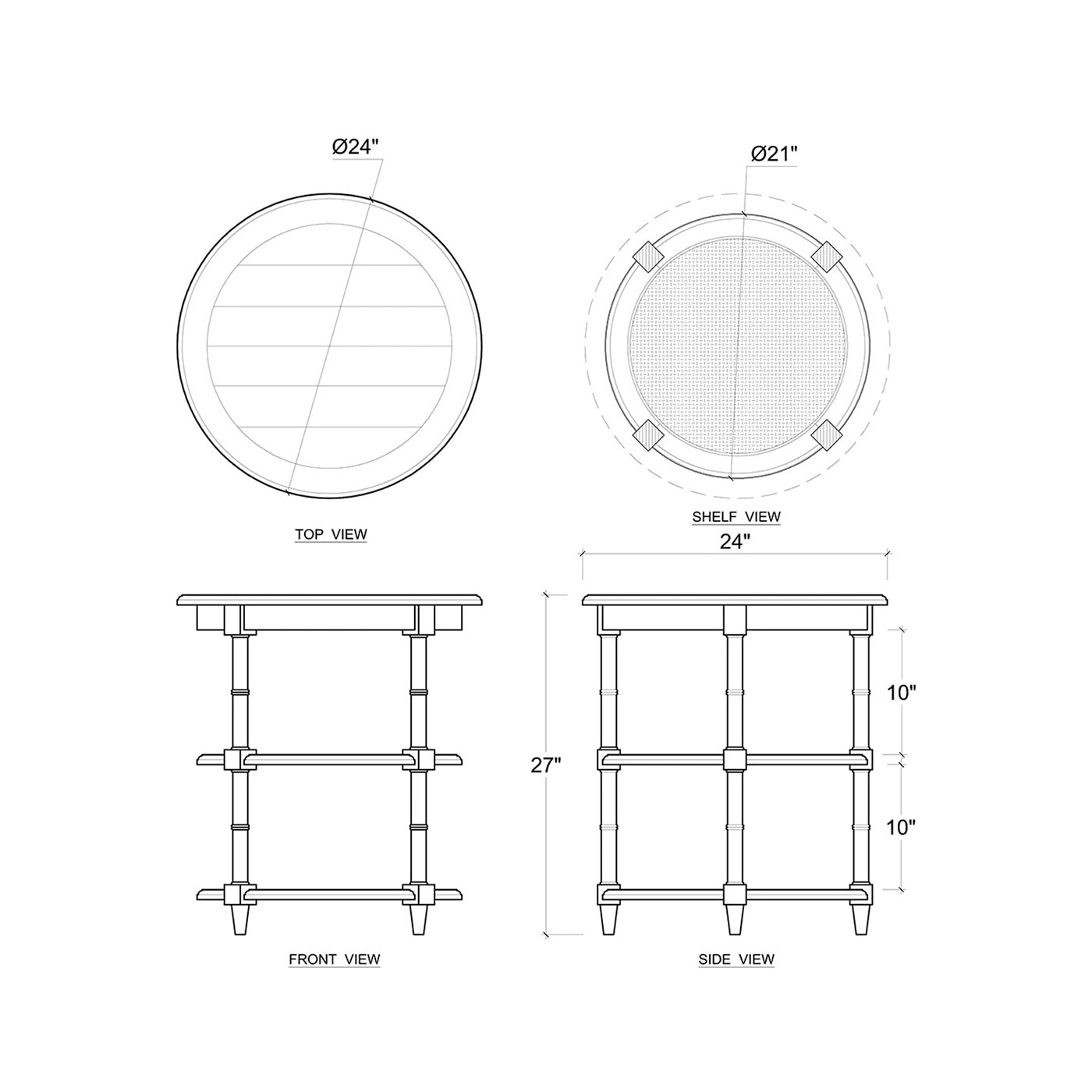 Technical dimensions of round white end table, diagram view.
