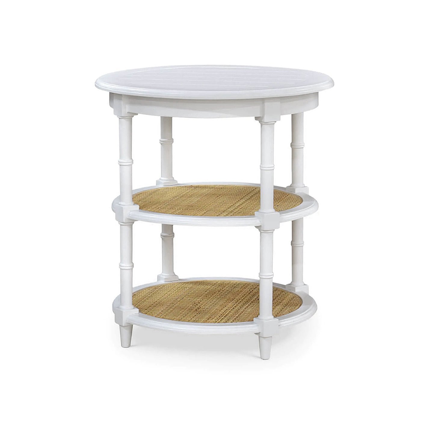 Round white end table with woven shelves, perspective view.