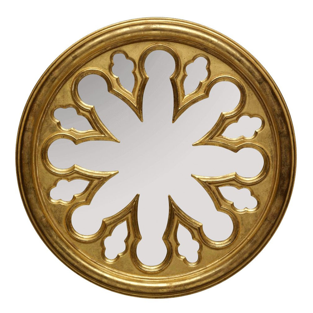 Round Gothic giltwood mirror with ornate design.