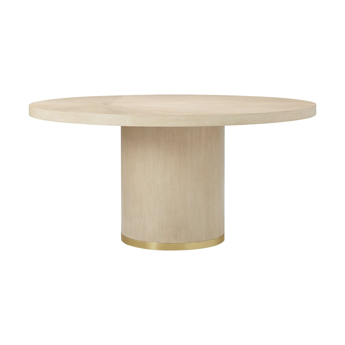 Side view of round dining table with gold accent.