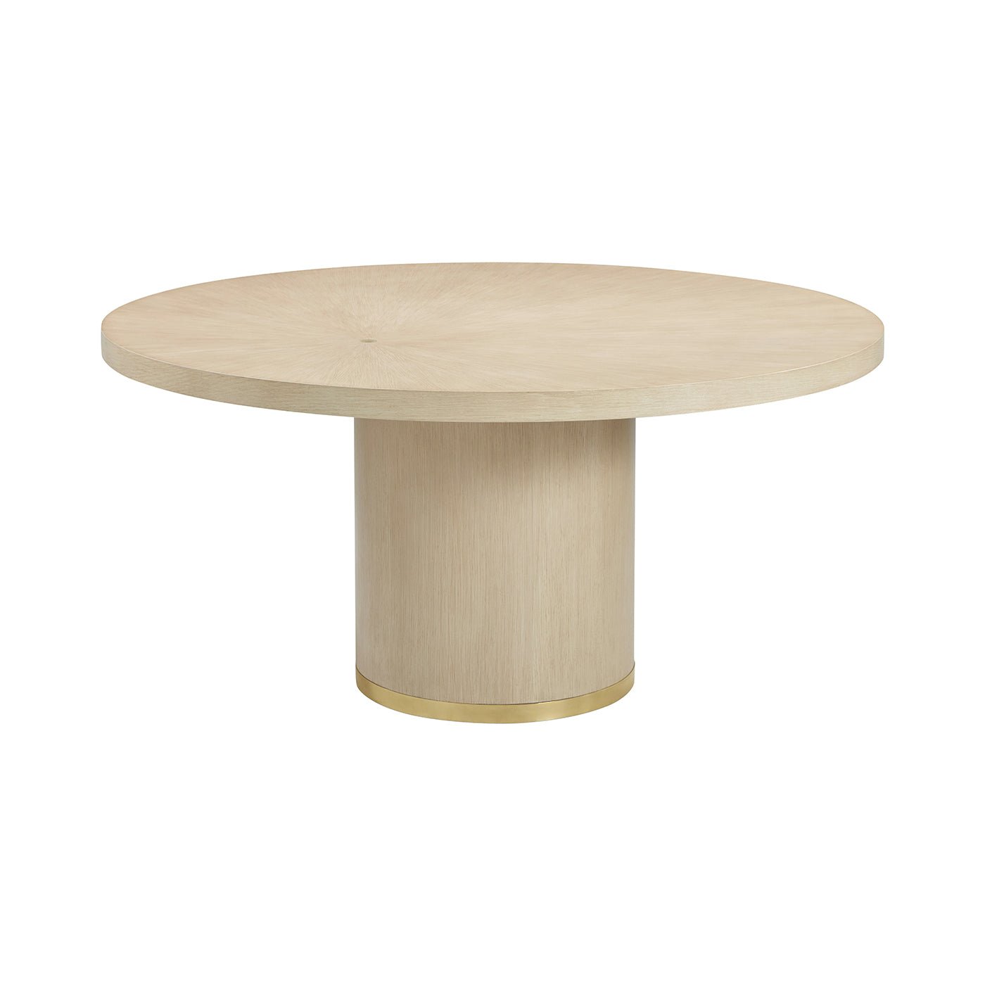 Light wood round dining table with cylindrical base.