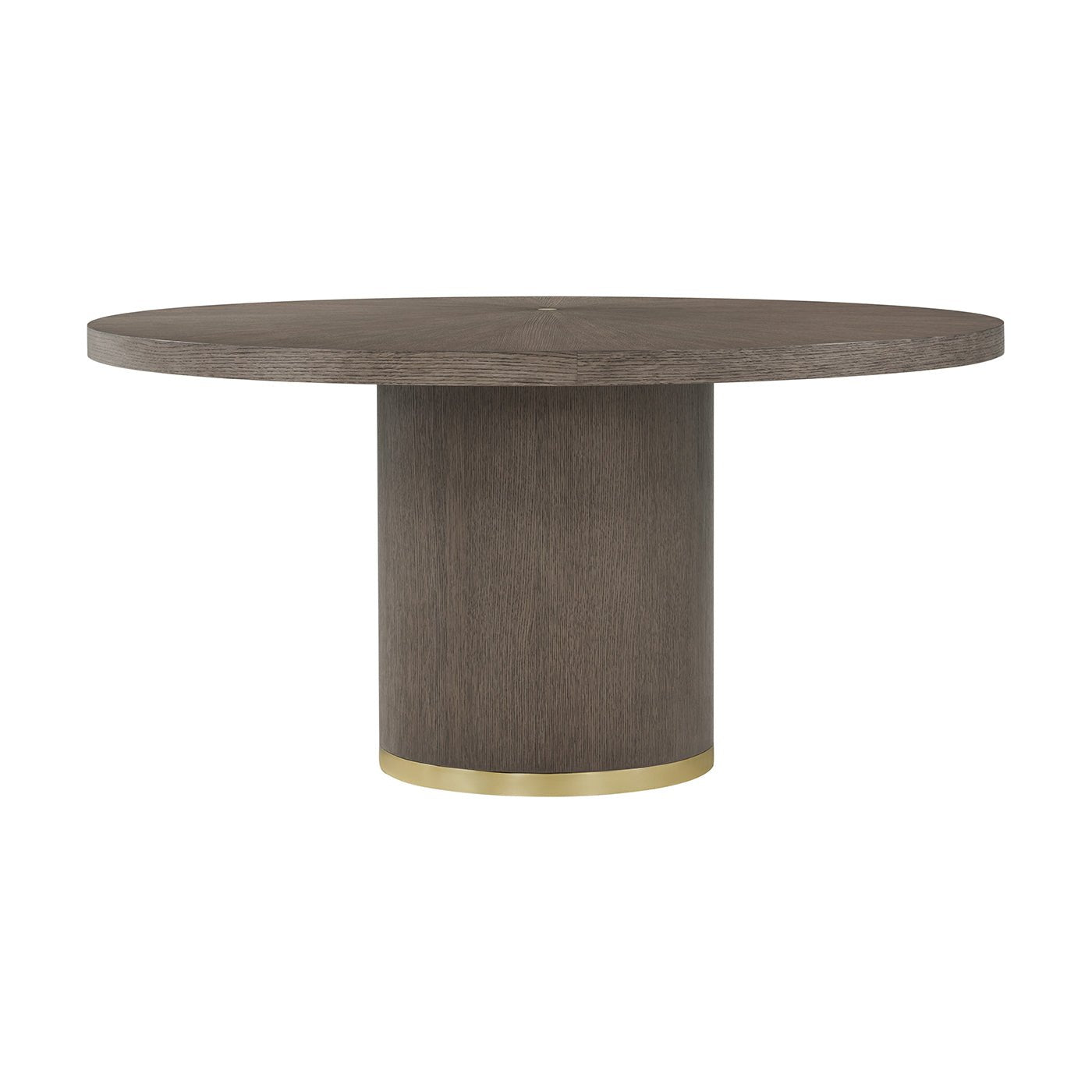 Side view of dark mink dining table with gold trim.