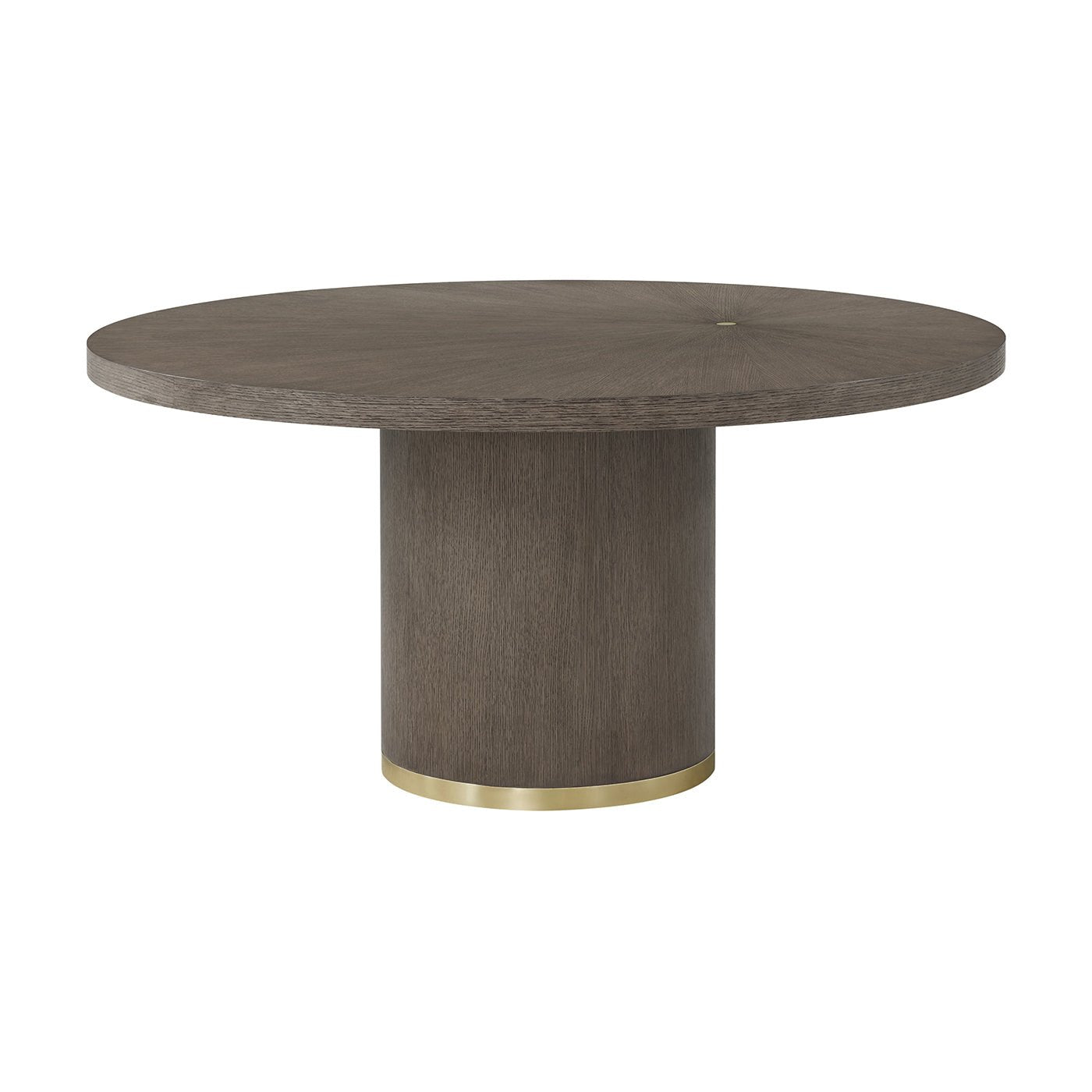 Dark mink round dining table with gold accent base.