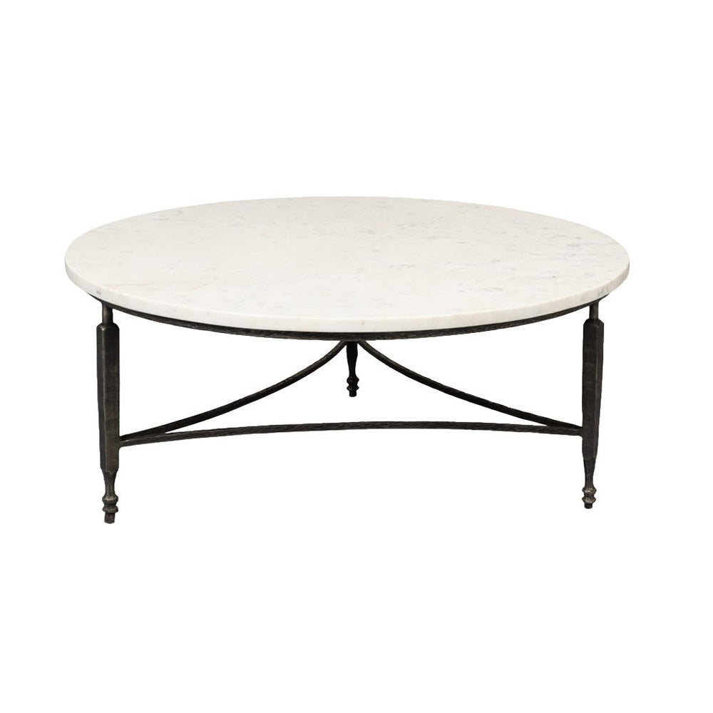 Round coffee table marble top front view.