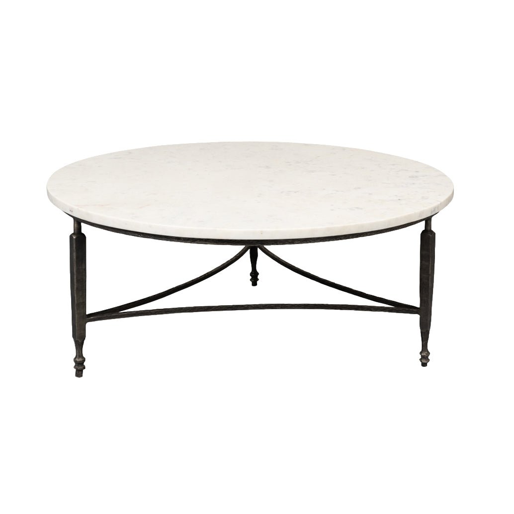 Round coffee table marble top front view.