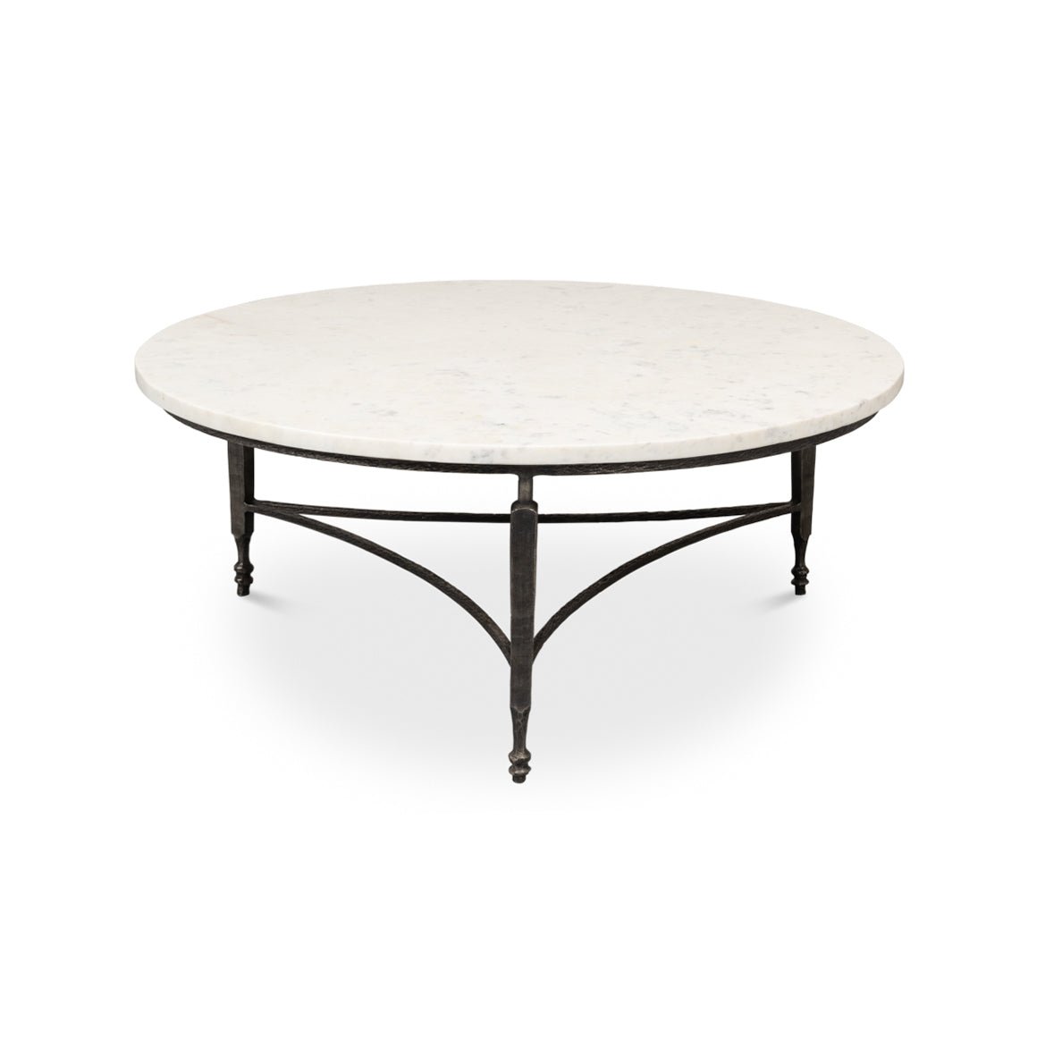 Round coffee table side angle perspective.