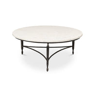 Round coffee table side angle perspective.