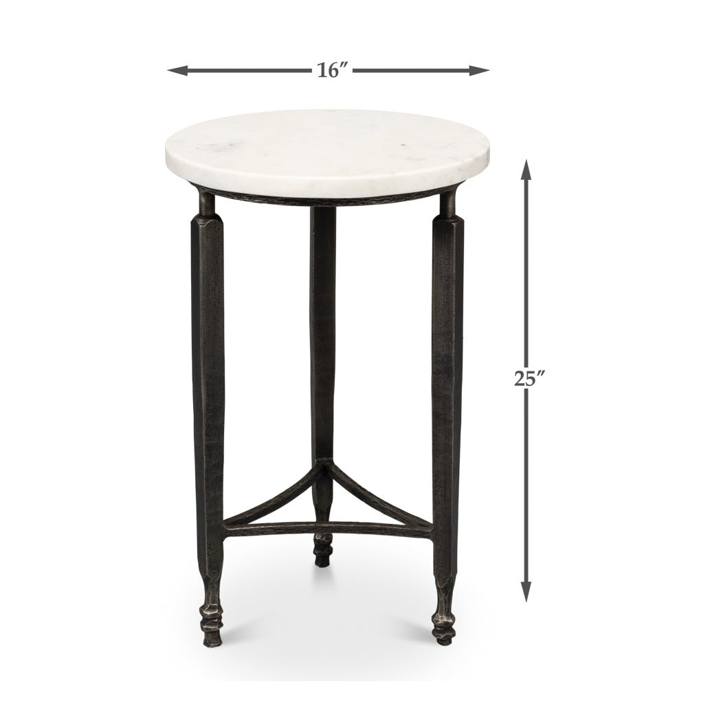 Side table dimensions: 16" diameter, 25" height.