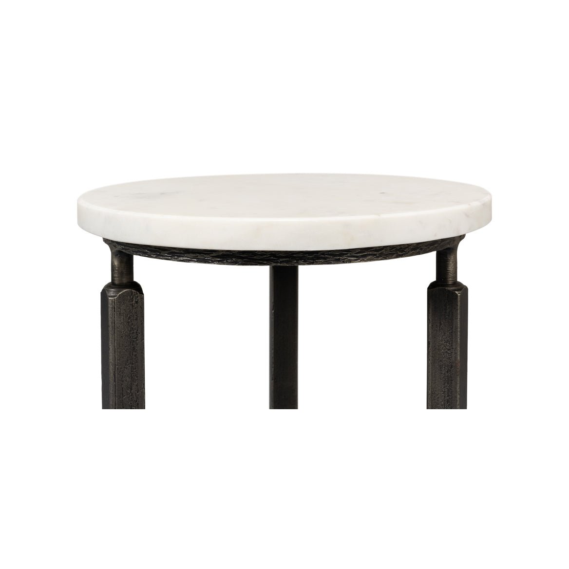 Side view of minimalist marble top table.