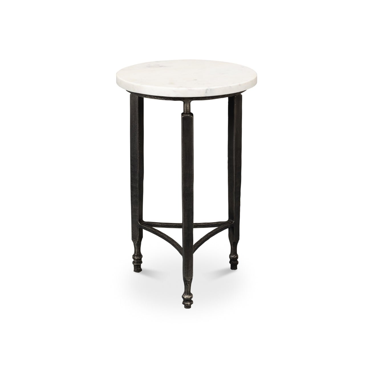 Minimalist marble top table with black metal legs.