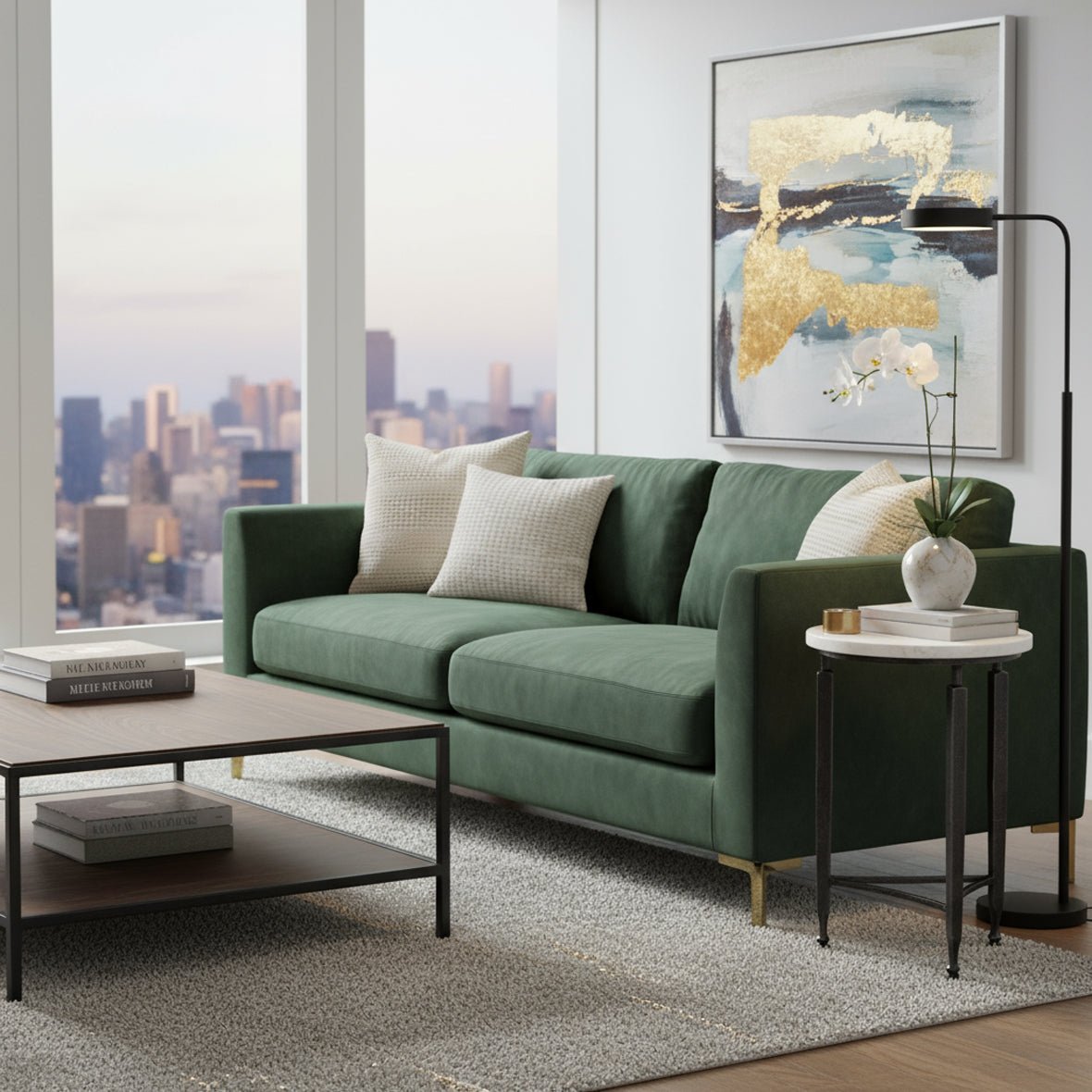 Side table next to green sofa in living room.