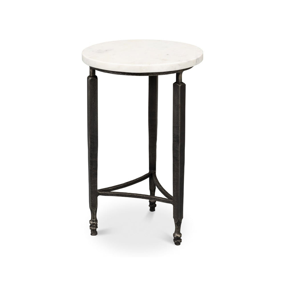 Round marble top side table on white background.