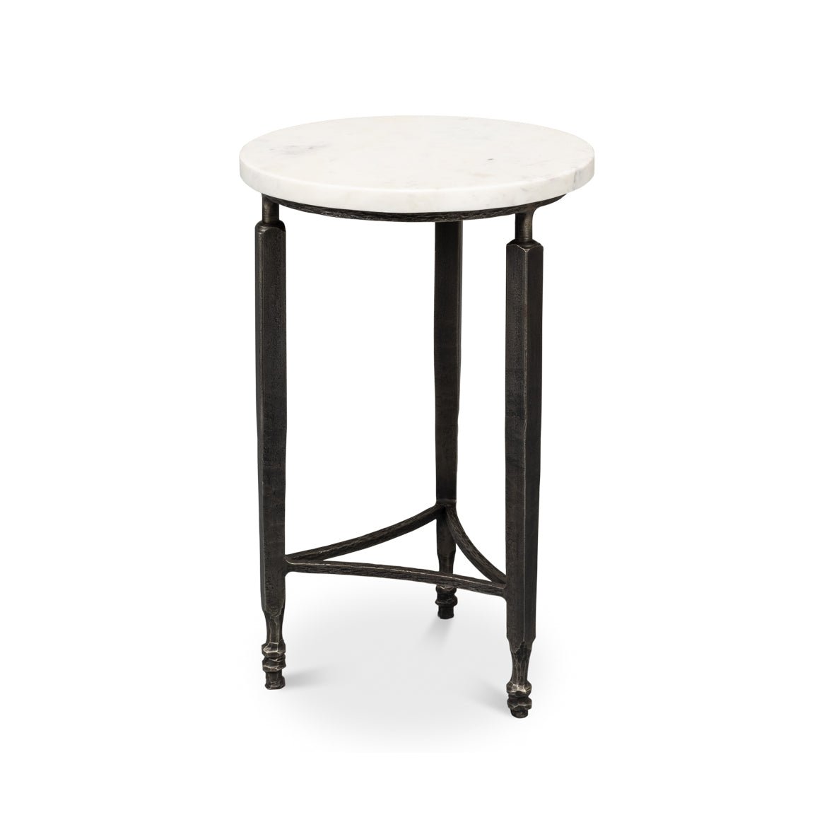 Round marble top side table on white background.