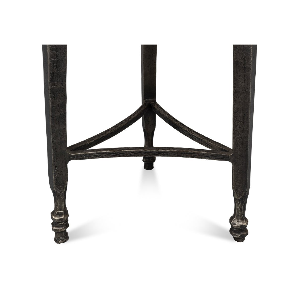 Close-up of table legs, industrial-style design.