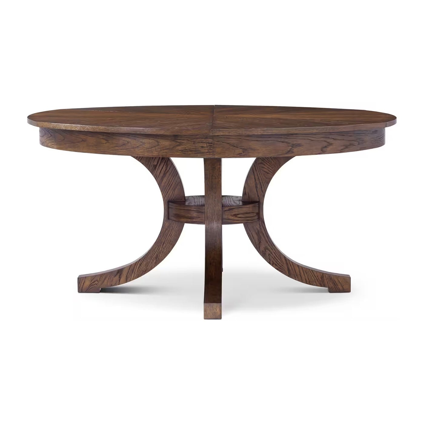 Round oak dining table, front view, pedestal detail.