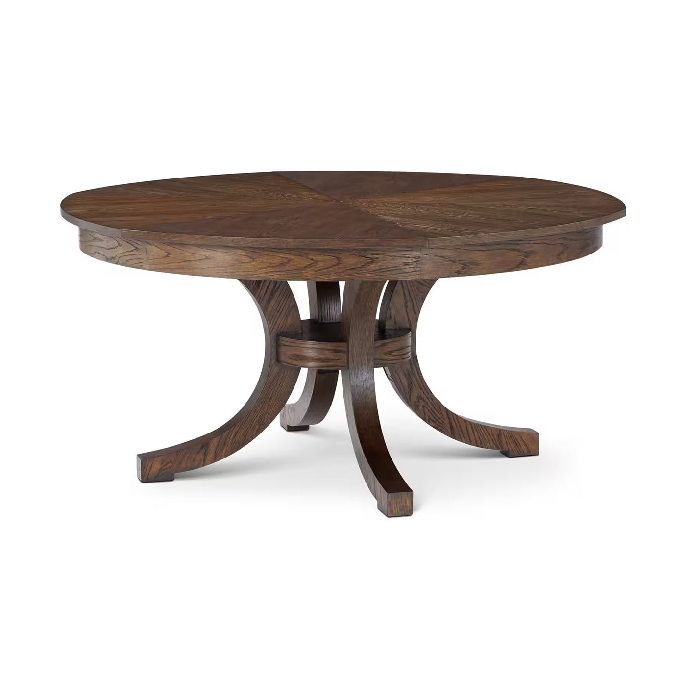 Round oak dining table, side angle, wooden finish.