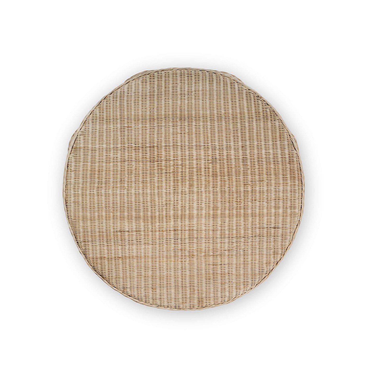 Top view of round rattan coffee table.