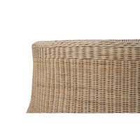 Close-up on side of round rattan coffee table.
