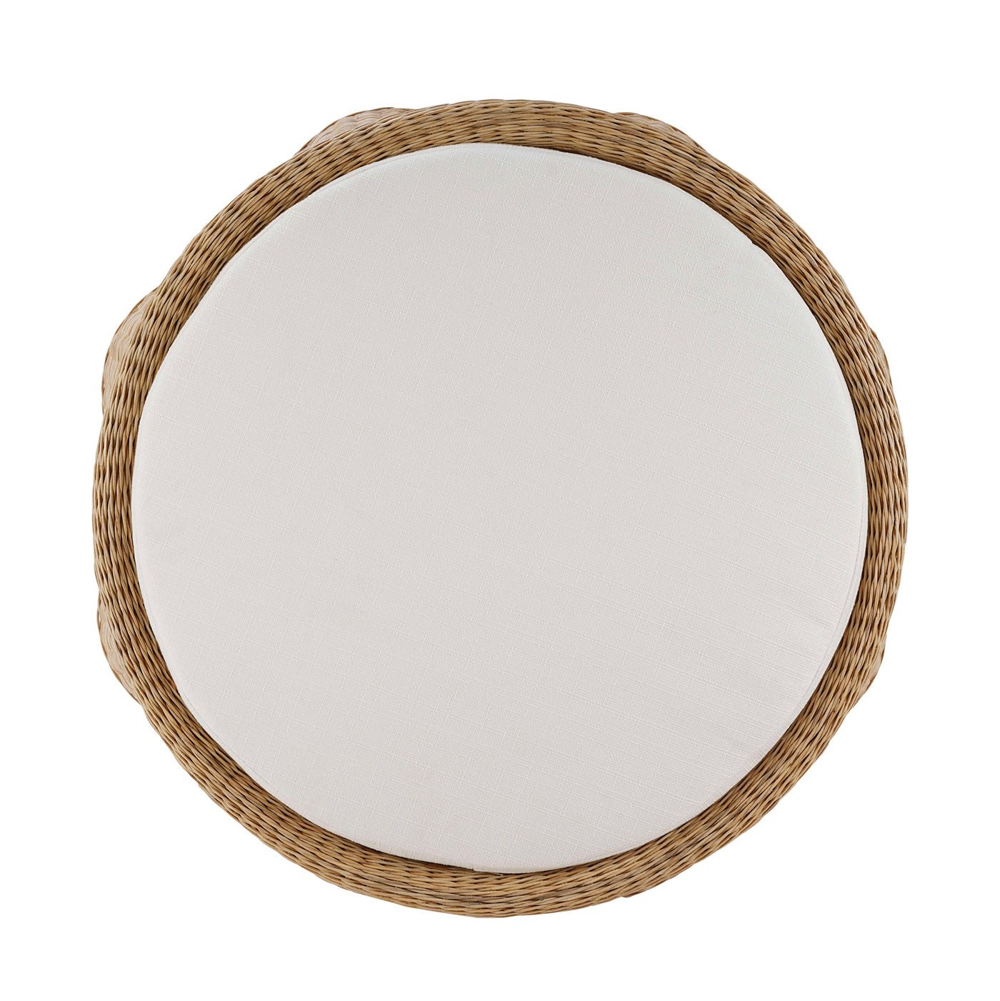 Top view of round rattan ottoman and cushion.