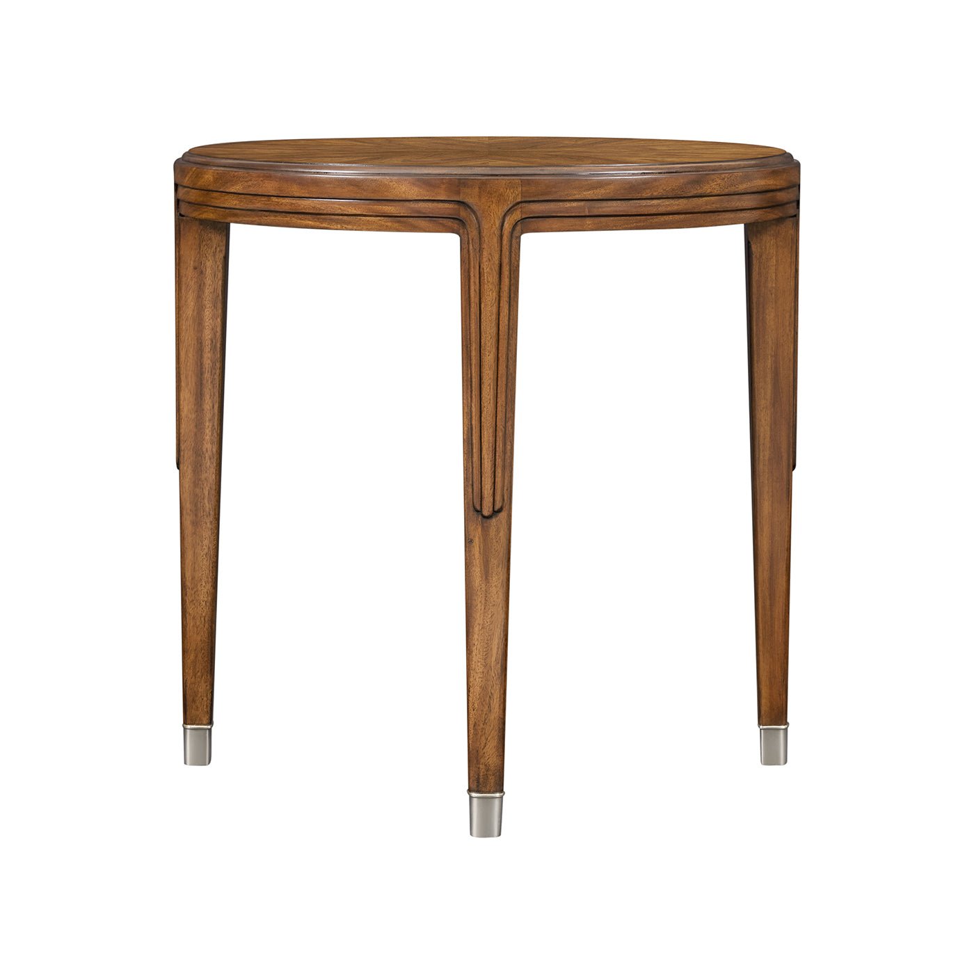 Round walnut side table, front view, elegant design.