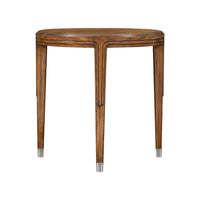 Round walnut side table, front view, elegant design.