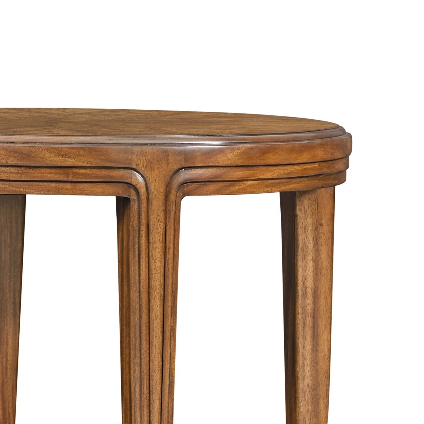 Close-up of walnut side table top and legs.