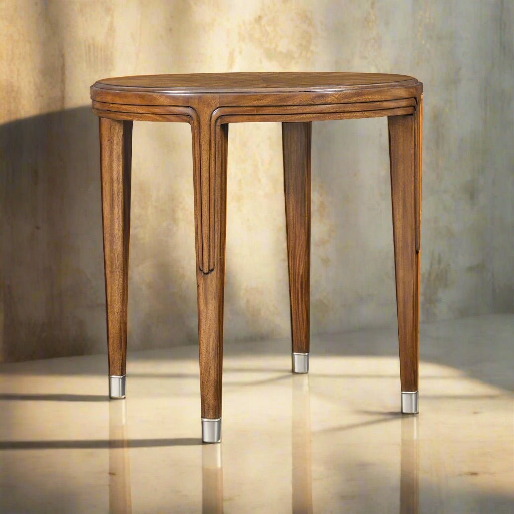 Walnut side table, stylish environment, angled lighting.