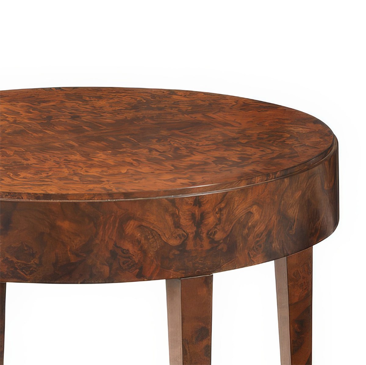 Close-up of round walnut burl table surface texture.