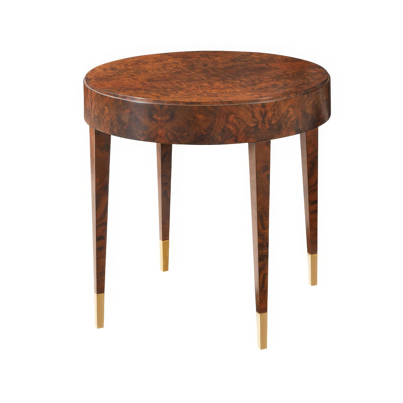 Round walnut burl side table with tapered legs.