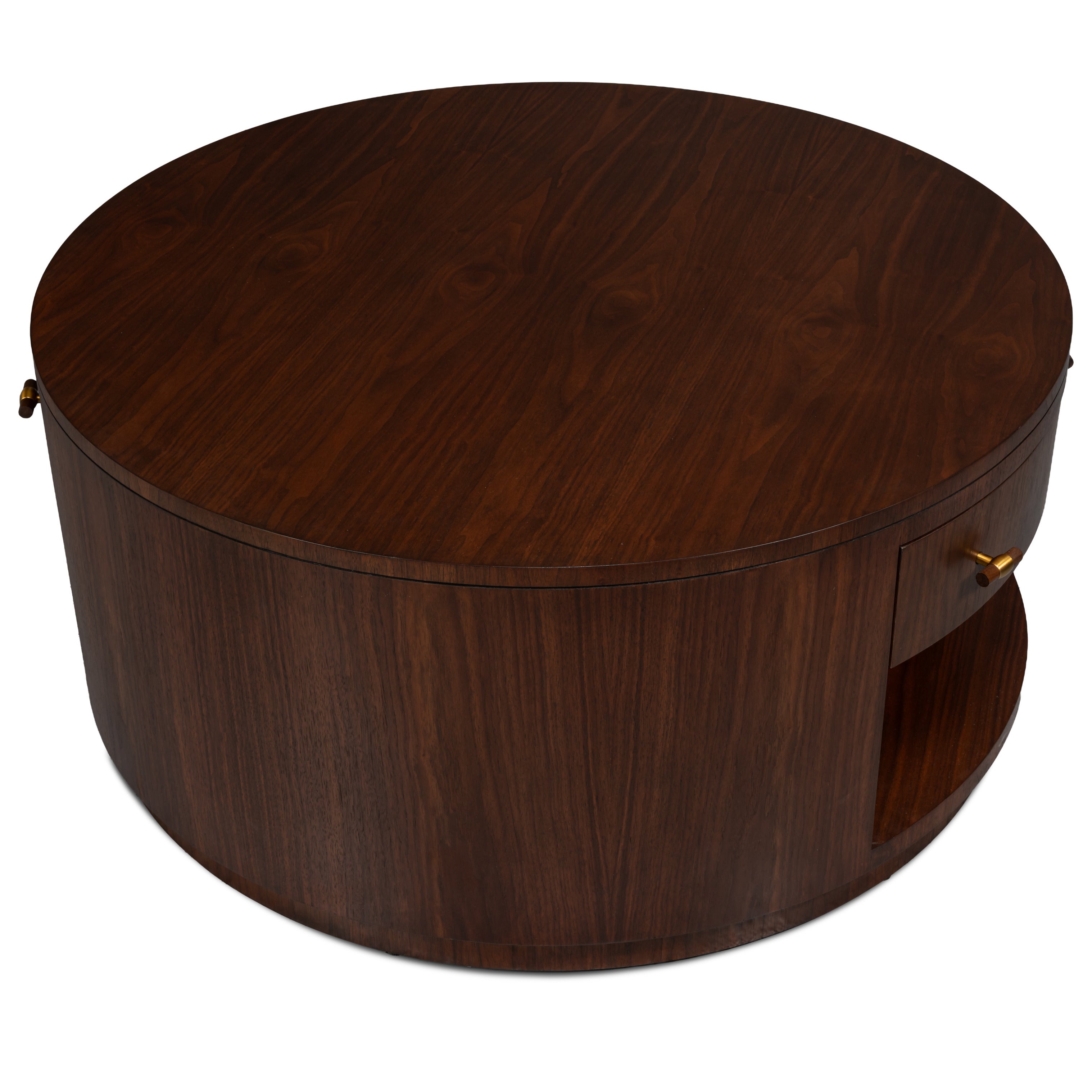 Round Walnut Drum Coffee Table with Storage Drawer - additional view